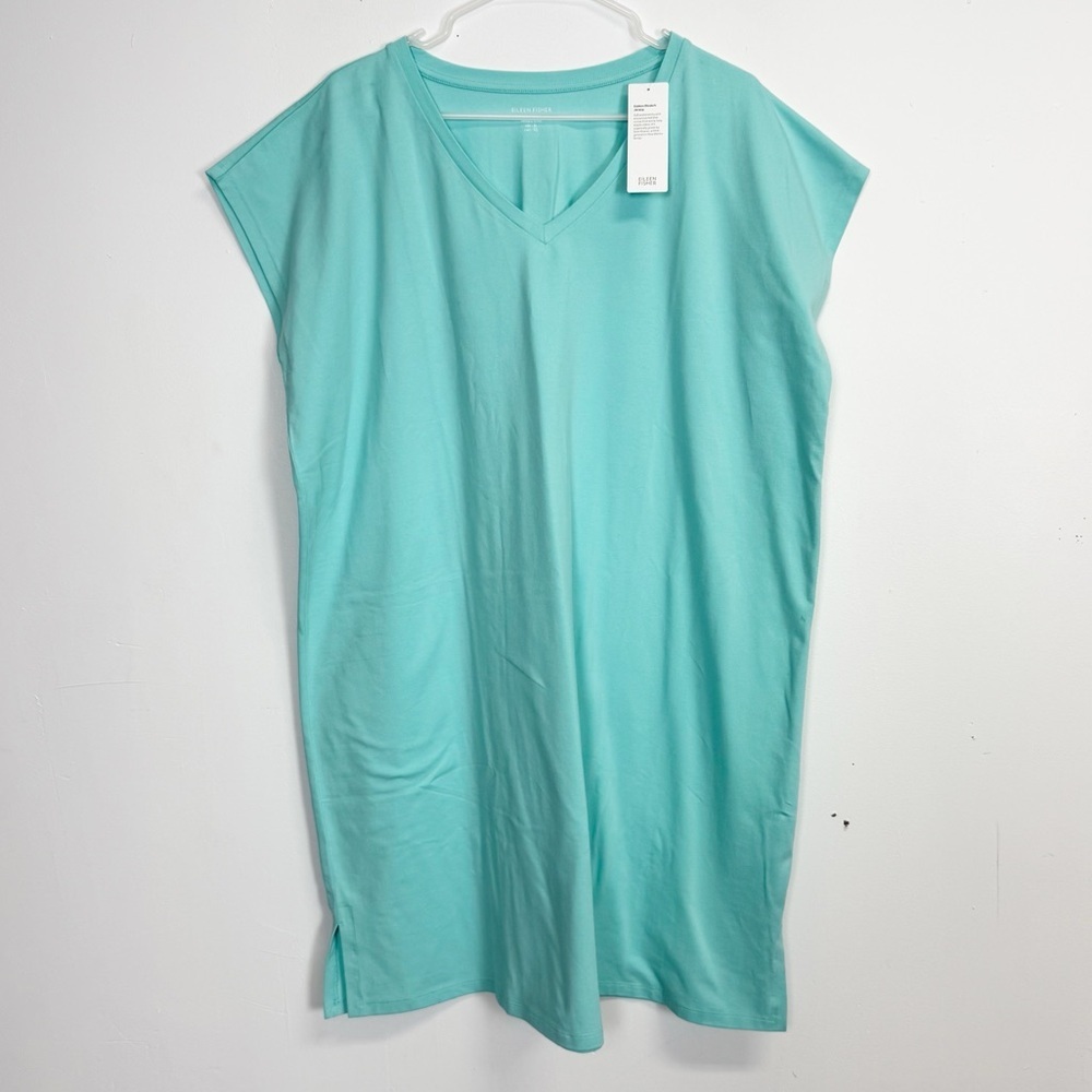 Eileen Fisher Stretch V-Neck T-Shirt Dress Womens Xl Aqua Cap Sleeve Nwt Mark